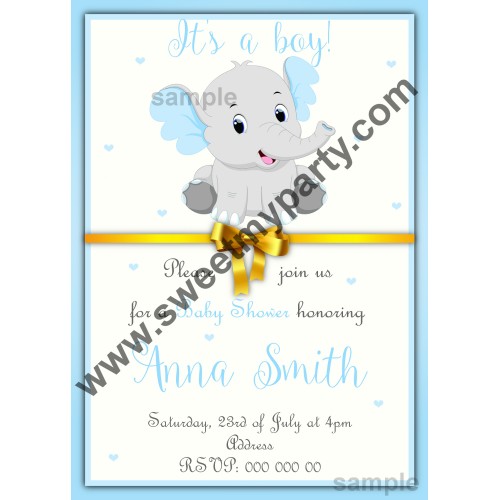 Blue and Grey Elephant Baby Shower Invitation,(2ebb)